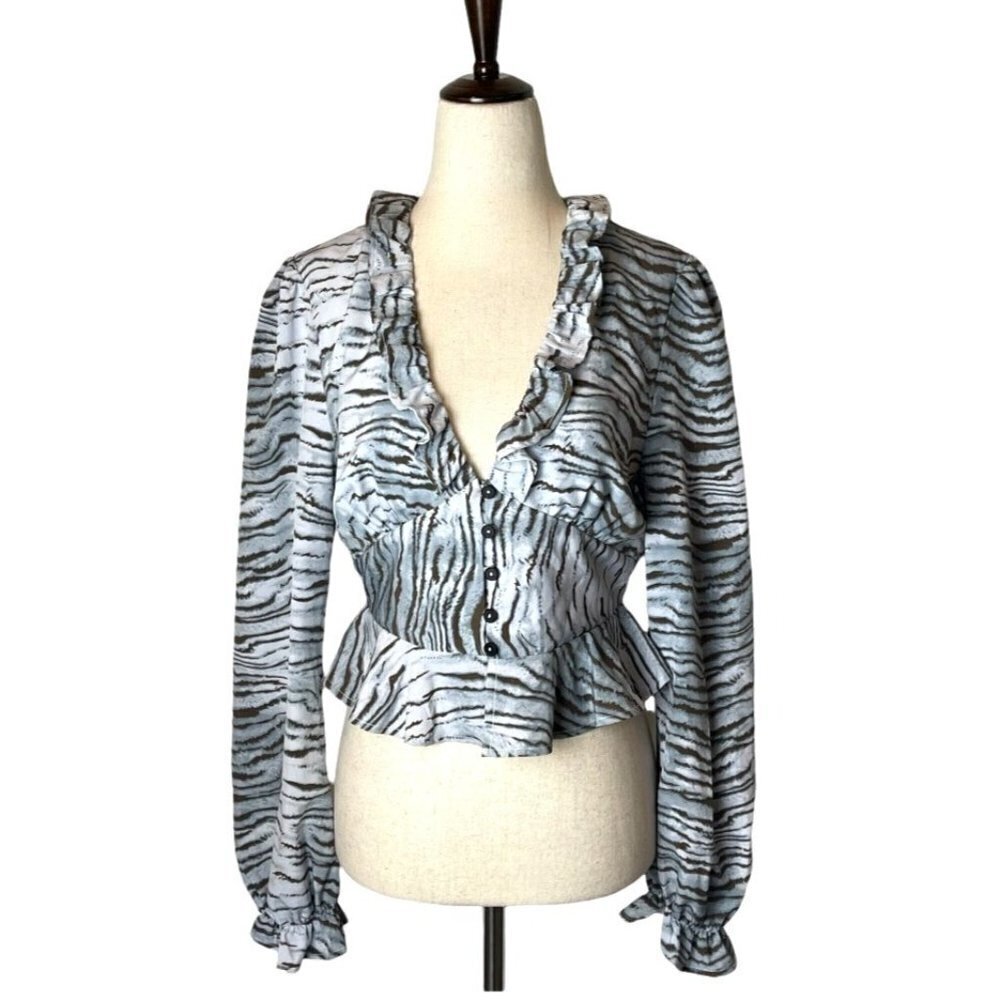 Vintage Havana Blue and Black Animal Print Ruffle Cropped Peplum Blouse‎ XS